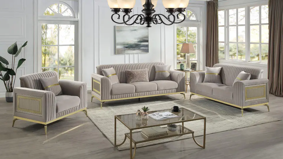 Antigua living room in taupe at the Sun City Furniture showroom