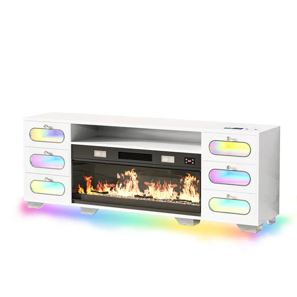 Mueble de TV con chimenea eléctrica totalmente armado de 71 pulgadas