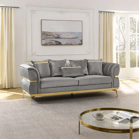 Velvet Chestfield Sofa Set In Gray - view 3
