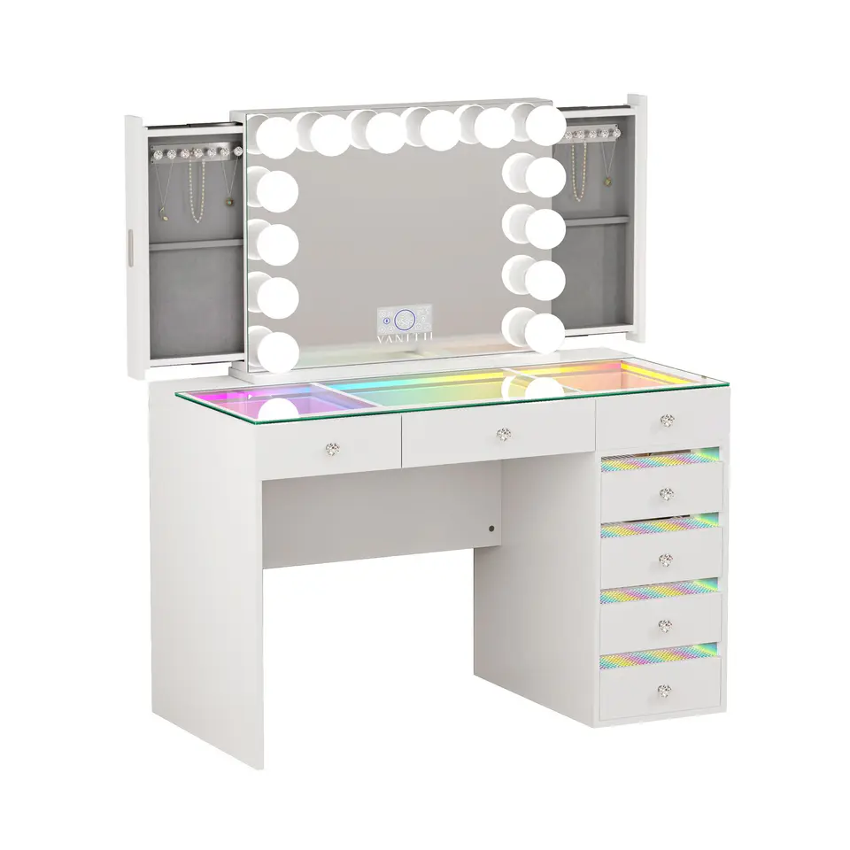 VANITII Fenair 7 Drawers Vanity Desk Set with Hidden Side Jewelry Racks Mirror