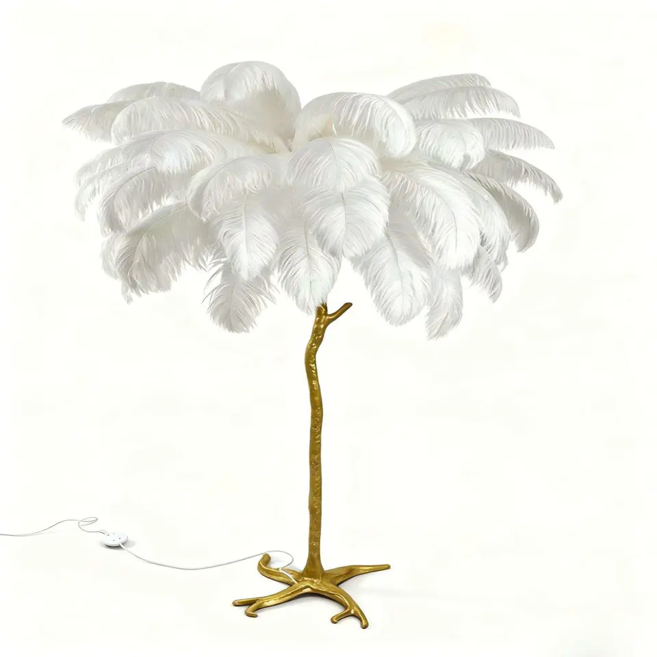 Feather Floor Lamp with Golden Branch Design & Ostrich Feather Shade – 5 E14 Lights for Luxe Ambiance