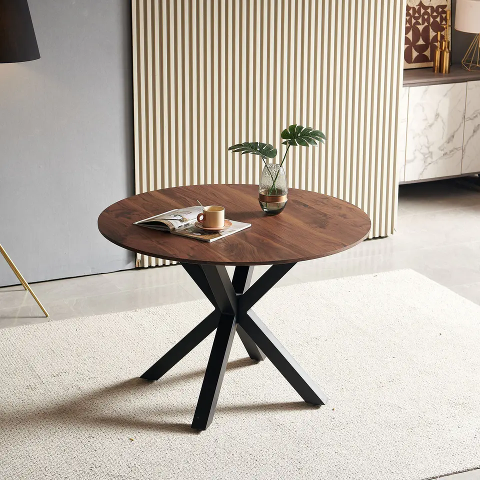 42.1'' Wood Color Mid-Century Dining Table (MDF Round Top, Cross Leg) – Seats 4-6,Dining Table