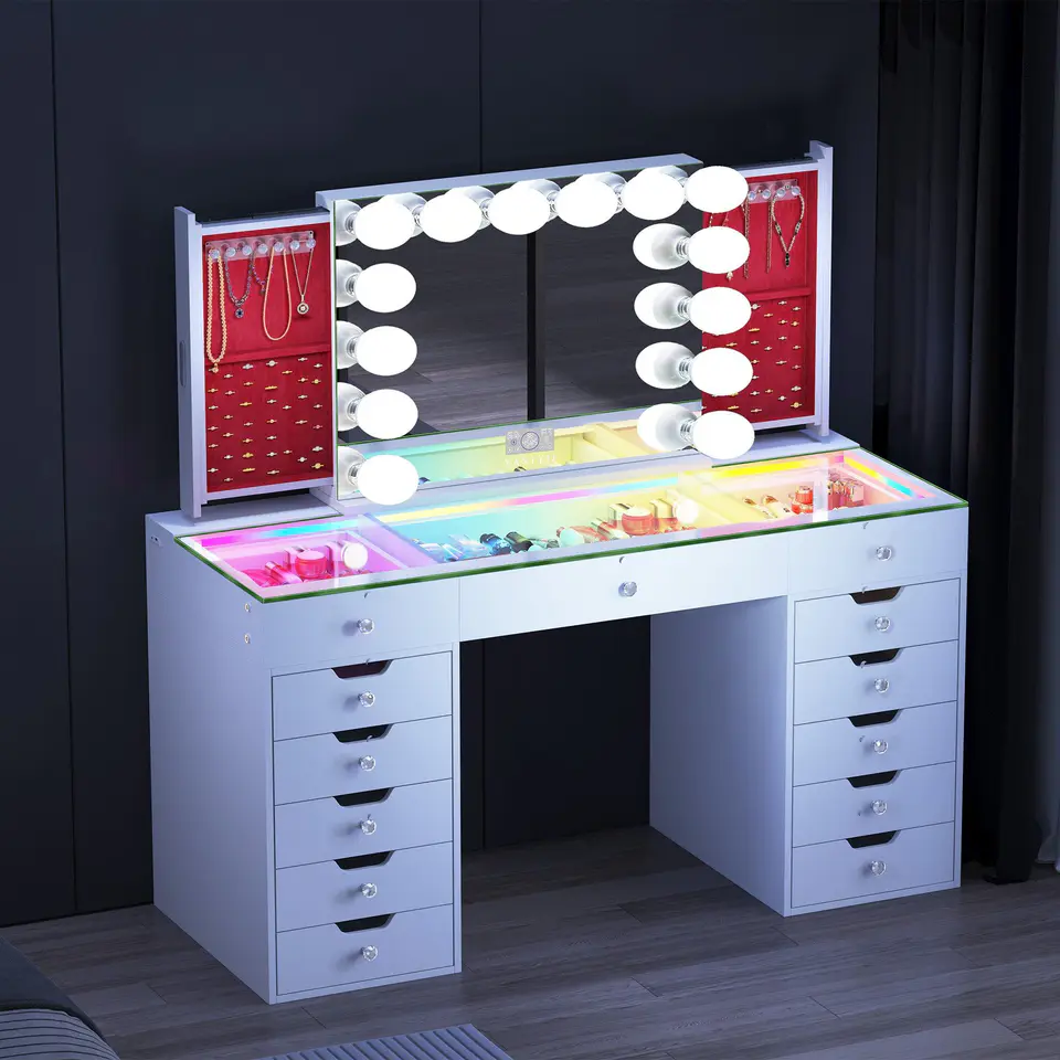 VANITII Eva-RGB Vanity Desk Set Including Marilyn Hollywood Vanity Mirror Pro with Jewelry Organizer · 458