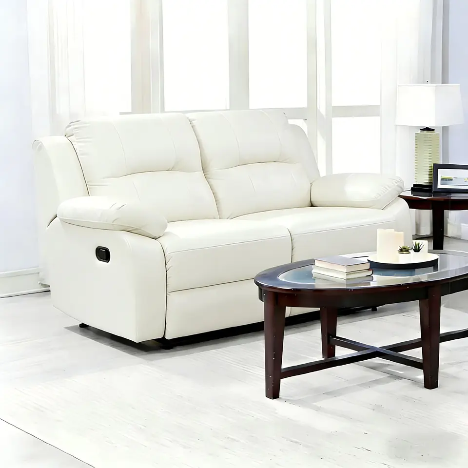 Lume Power Recliner 2-Seater Sofa in Ivory Faux Leather with Hidden Cupholders