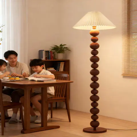 Lámpara de piso nogal con pantalla plisada, vista 5 de 5