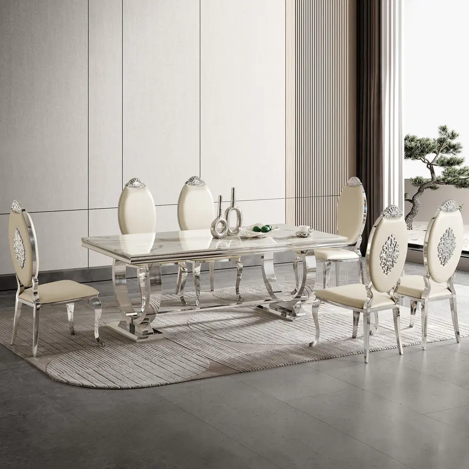 Modern Rectangular Dining Table with Marble Top & 201# Stainless Steel Base, Luxury U-Shape Frame Kitchen Table for 6-8 People