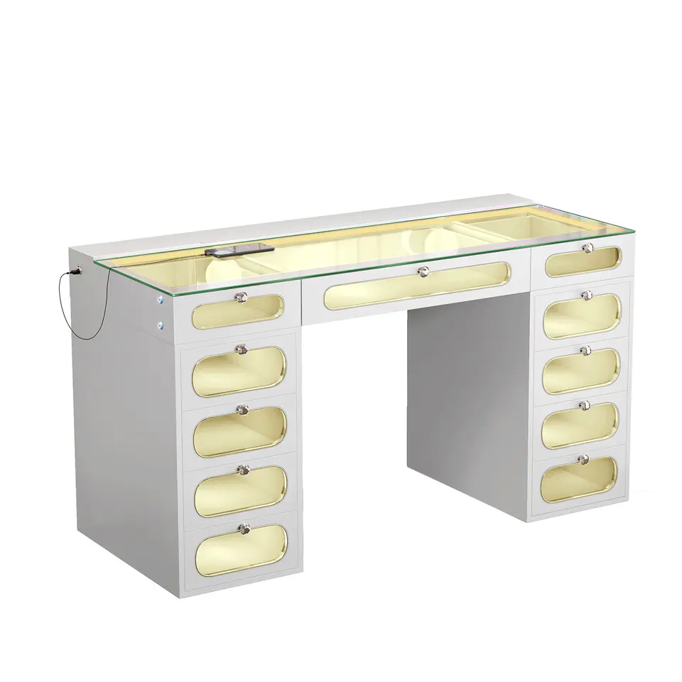 VANITII Priscilla Vanity Desk-11 Glass Fronted Drawers with Crystal Handles