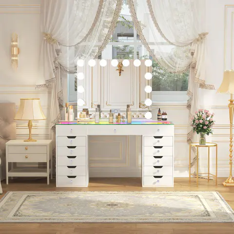 Eva-RGB Vanity Desk Set with 15 Bulbs Mirror - Vanity Sets