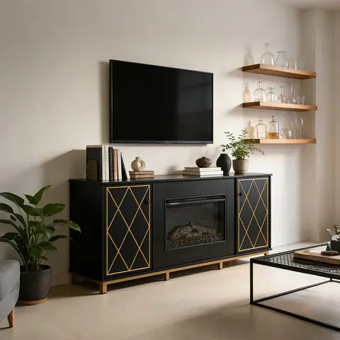 Black Melamine Veneer Fireplace TV stand