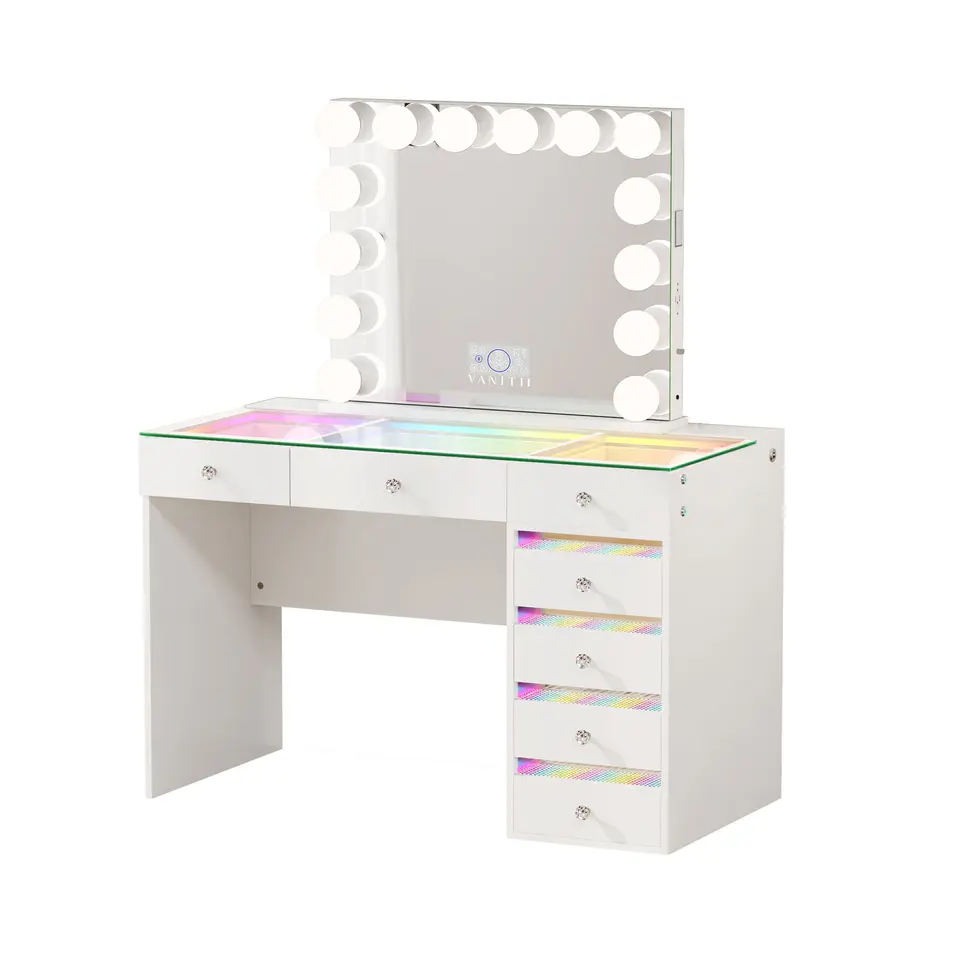 VANITII Fenair Vanity Set with 7 Drawers with 14 Bulbs Hollywood Vanity Mirror