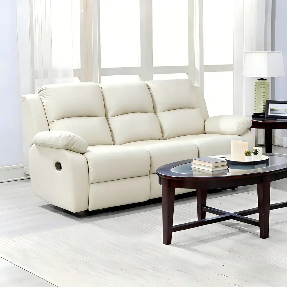 Lume Power Recliner 3-Seater Sofa in Ivory Faux Leather with Hidden Cupholders