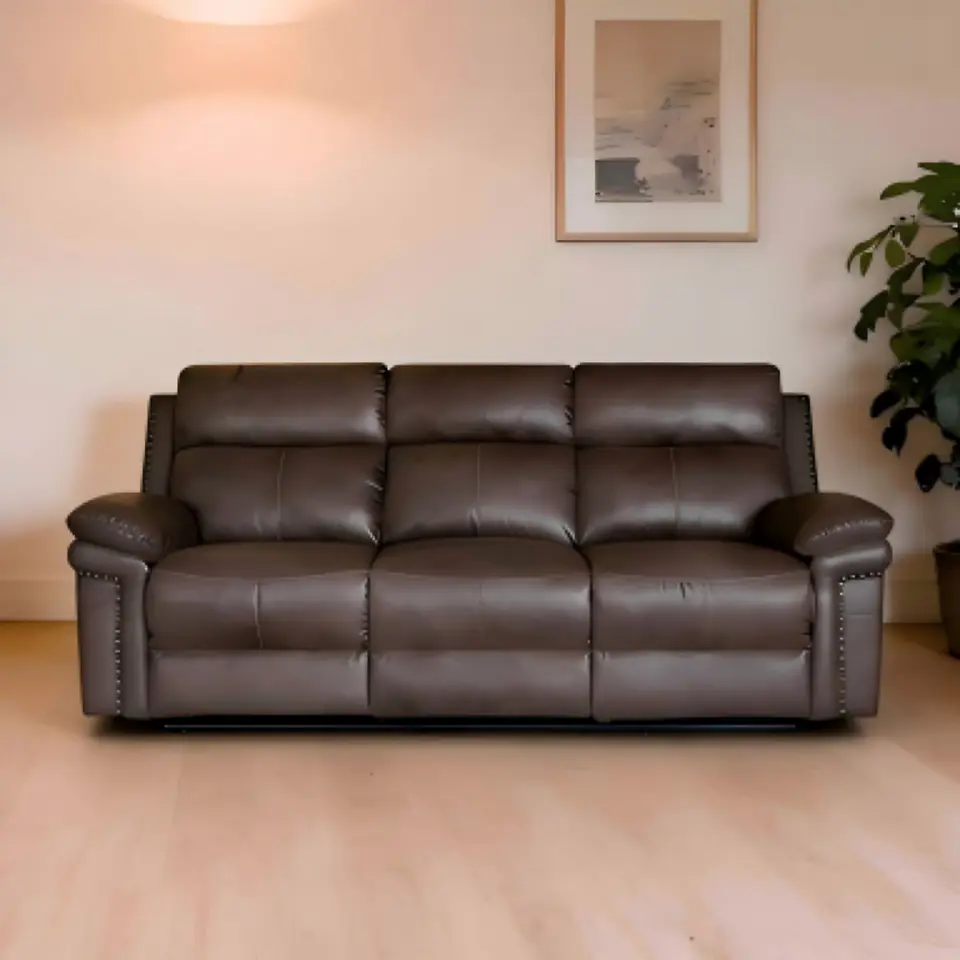 Bison Power Recliner & 3-Seater Sofa with Armrests and Storage, Breathable Leather, Home Theater Seating