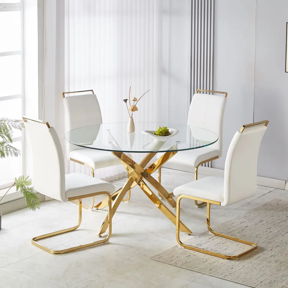 51.18" Round Dining Table, 10MM Clear Tempered Glass Top with Golden Crossed Metal Base, Easy to Clean