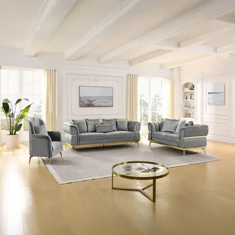 Velvet Chestfield Sofa Set In Gray - view 1