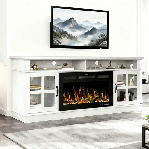 72” White Ash Wood Veneer Fireplace TV Stand - view 1