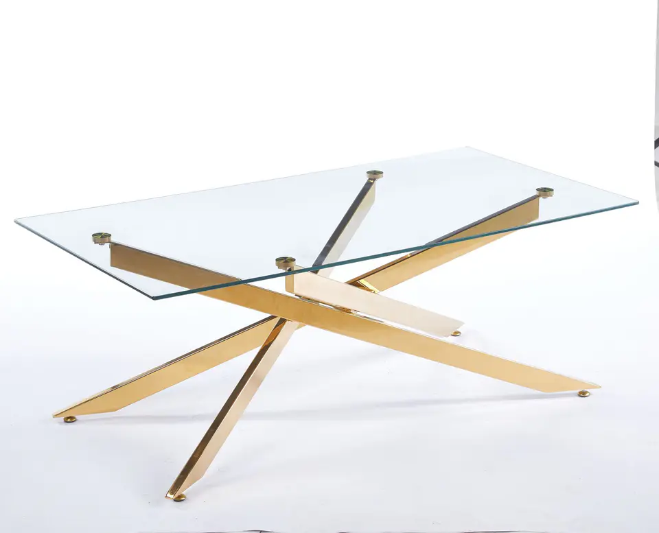 51.18" Modern Coffee Table, 8MM Clear Tempered Glass Top with Golden Crossed Metal Base, Easy to Clean