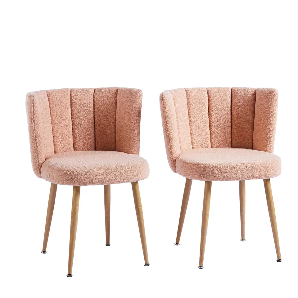 Modern Beige Dining Chairs - Iron Tube Wood-Color Leg s, Shorthair Cushions