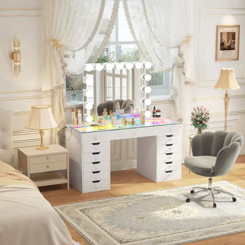 Eva-RGB Vanity Desk Set with 15 Bulbs Mirror - view 3