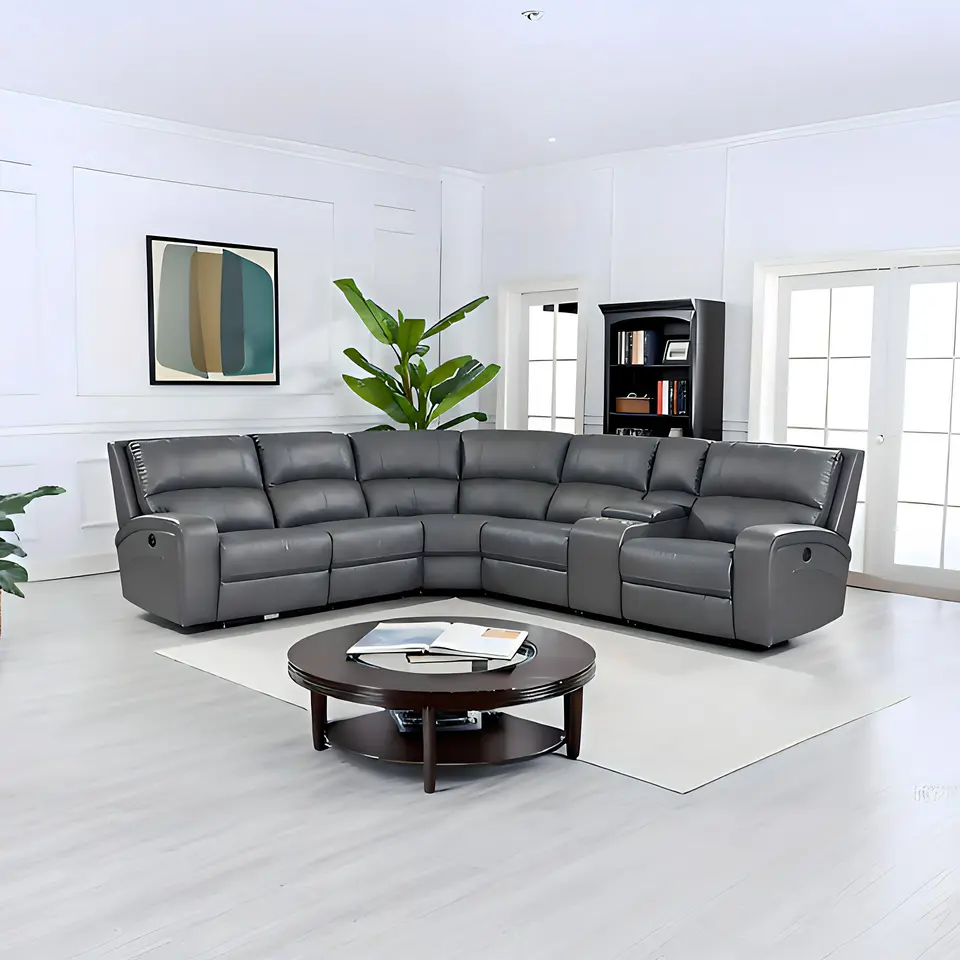 Sofá seccional reclinable de piel Corpus con portavasos