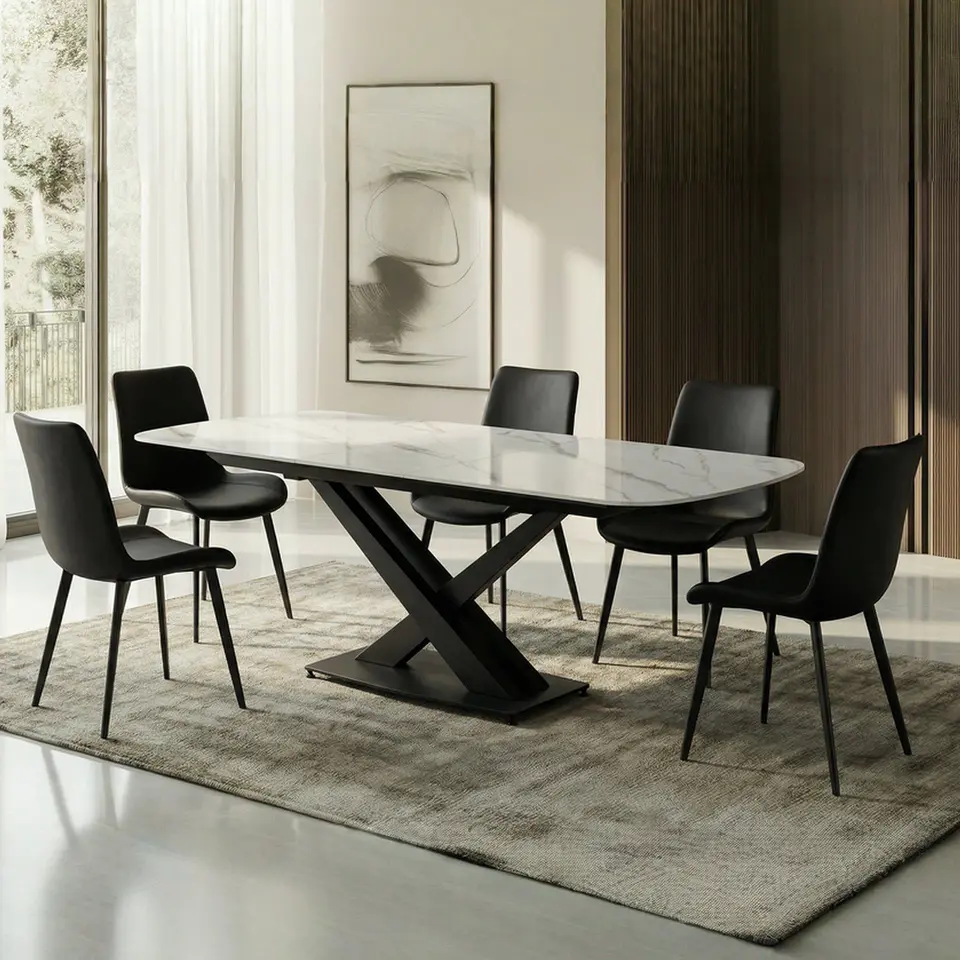 Extendable dining table with sintered stone top